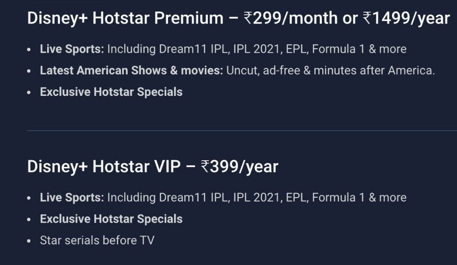 Disney+ Hotstar vip Subscription Plans