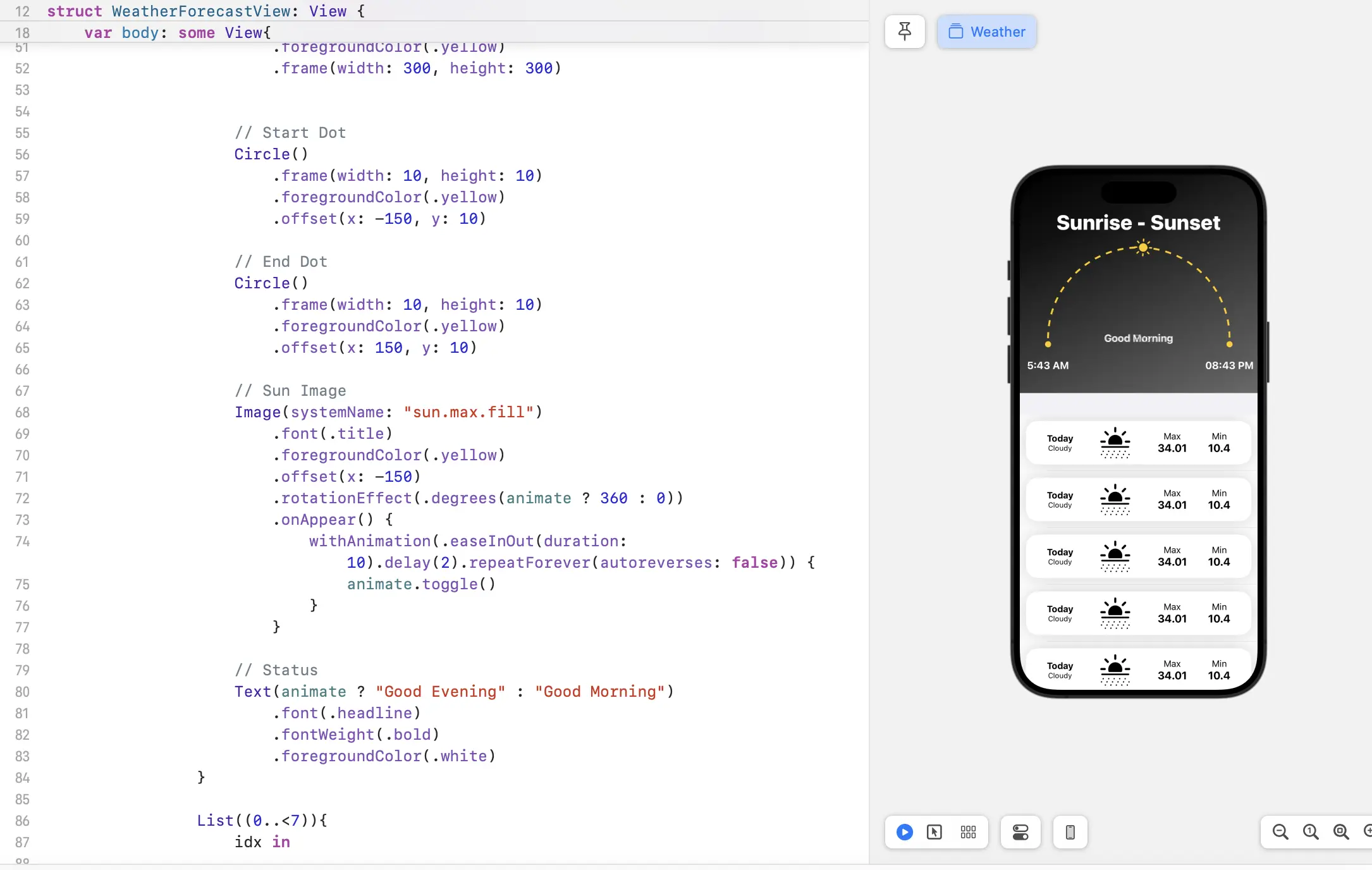 Weather iOS APP UI with Sunrise And Sunset View in SwiftUI