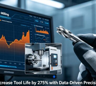 Smart Factory LOT dashboard monitoring a CNC milling machine producing a high-precision micro tap, highlighting real-time data on spindle load and temperature.