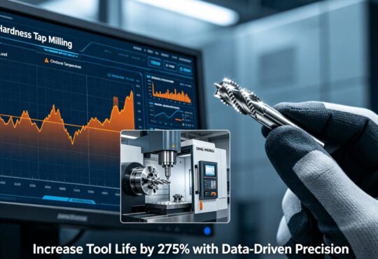 Smart Factory LOT dashboard monitoring a CNC milling machine producing a high-precision micro tap, highlighting real-time data on spindle load and temperature.
