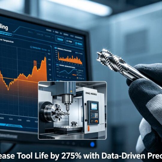 Smart Factory LOT dashboard monitoring a CNC milling machine producing a high-precision micro tap, highlighting real-time data on spindle load and temperature.