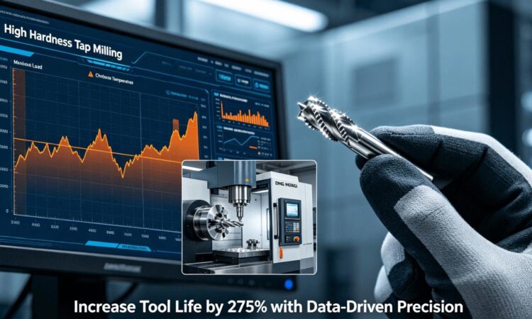 Smart Factory LOT dashboard monitoring a CNC milling machine producing a high-precision micro tap, highlighting real-time data on spindle load and temperature.