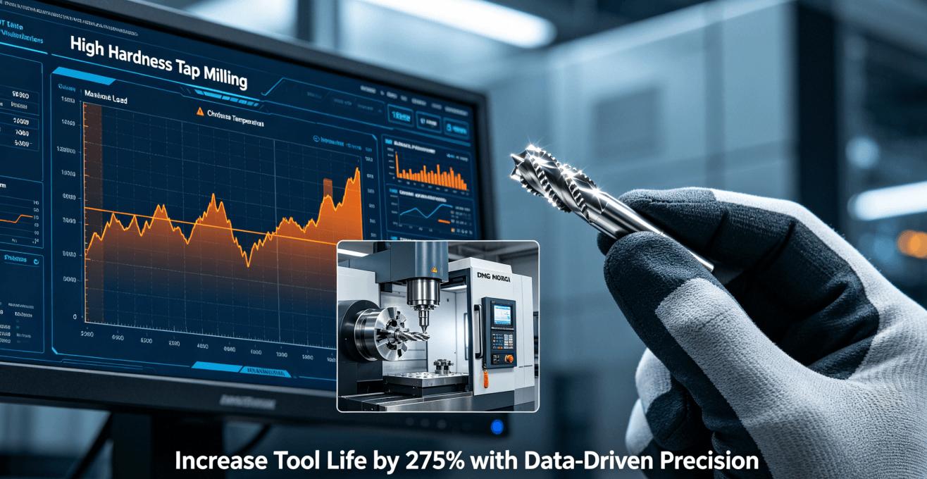 Smart Factory LOT dashboard monitoring a CNC milling machine producing a high-precision micro tap, highlighting real-time data on spindle load and temperature.